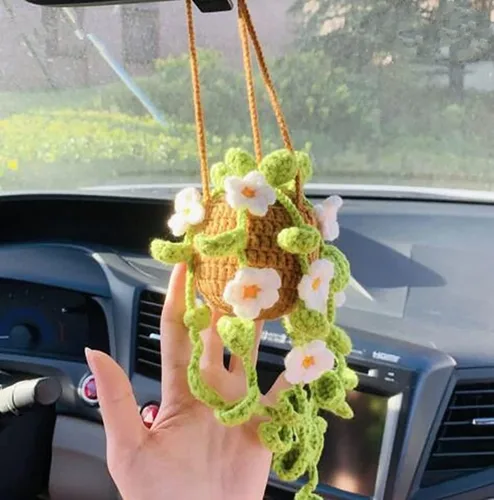 Miniatura 12 de Planta colgante de ganchillo para automóvil, colgador de espejo de automóvil de punto, cesta colgante de ganchillo para plantas de automóvil, lindos