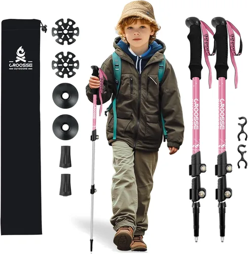Miniatura 10 de Croosse - Bastones de senderismo ligeros y plegables para niños, bastones de senderismo retráctiles de aluminio, paquete de 2 bastones de esquí