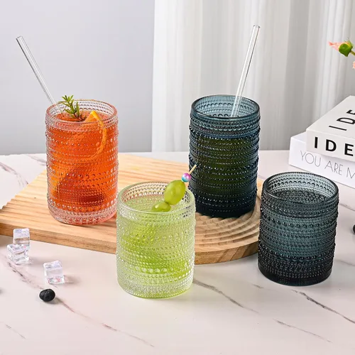 Miniatura 6 de ZMOWIPDL Juego de Cristalería Vintage de 12 Vasos para Beber, Azul 12oz y 15oz Vasos de Vidrio Hobnail, Vaso de Agua en Relieve, para Cerveza
