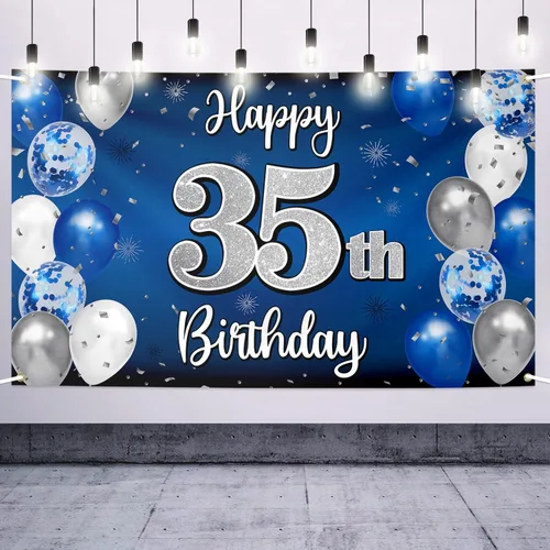Decoración de feliz cumpleaños 35, globo azul y plateado de 35 años, cartel grande de telón de fondo de cumpleaños, suministros para fiesta de 35th