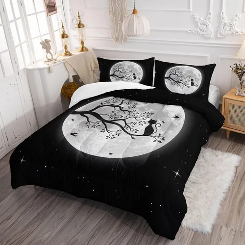 Miniatura 3 de Juego de edredón negro con diseño de gato y luna para niñas y mujeres, ropa de cama con estampado de cielo nocturno con 2 fundas de almohada Cat Moon