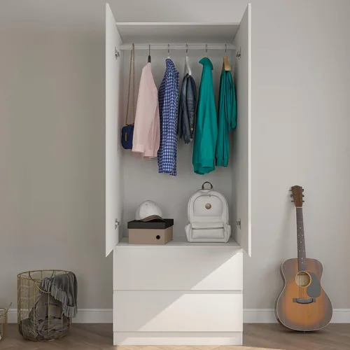 Miniatura 4 de Armario Armario con 2 cajones y 2 puertas, Armarios y armario con barra para colgar, Armario para dormitorio, color blanco