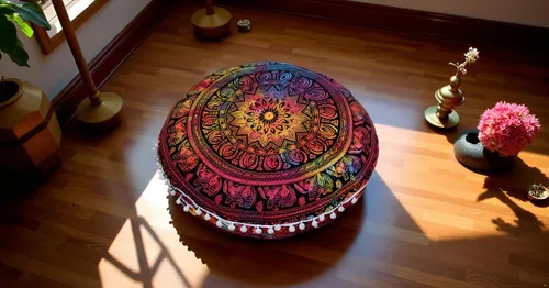 Miniatura 5 de Funda redonda para cojín de mandala, estilo hippie, bohemio y decorativo, para piso, cojín de asiento, funda otomana, puf, con pompones, boho, Flor