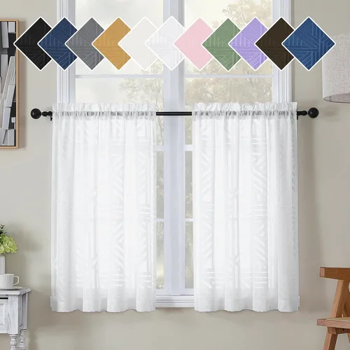 Miniatura 92 de Simplebrand Cortinas traslúcidas negras de cocina de 24 pulgadas de largo, 2 paneles, filtrado de luz, geométrico jacquard con textura, cortinas