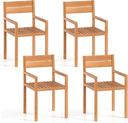 Miniatura 10 de HAPPYGRILL Silla de comedor de madera de teca, sillón de muebles de madera para exteriores con asiento y respaldo de listones, para patio trasero