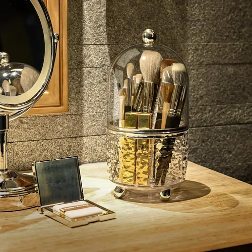Miniatura 2 de Soporte giratorio para brochas de maquillaje con tapa de 360 grados, organizador de cosméticos para cepillos de dientes acrílico, 5 compartimentos