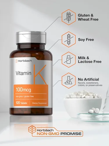 Miniatura 5 de Horbäach Suplemento de vitamina K 100mcg 120 tabletas Suplemento vegetariano, sin OMG y sin gluten