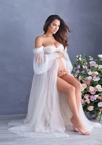Miniatura 5 de yinyyinhs Vestido de maternidad de tul con perlas para sesión de fotos, manga larga hinchada, hombros descubiertos, vestido de maternidad para baby