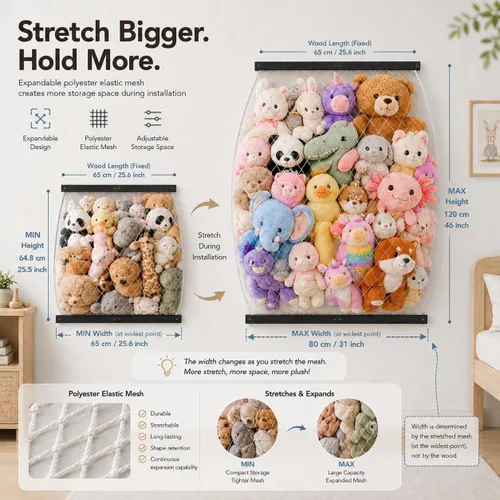 Miniatura 3 de Red de almacenamiento de animales de peluche, soporte elástico para juguetes de peluche, longitud de montaje en puerta/pared, organizador