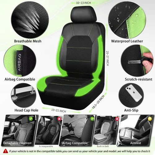Miniatura 2 de CAR PASS Fundas de cuero para asientos delanteros solamente, con fundas de asiento delantero de malla de aire, transpirables, fundas de asiento Verde