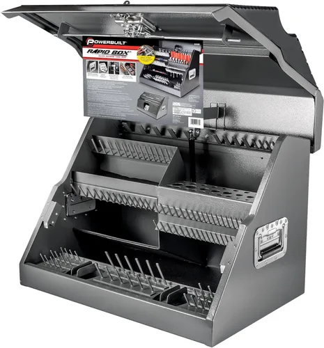 Powerbuilt 240102 - Caja de herramientas portátil inclinada frontal de 26 pulgadas, acero de calibre 16, tapa magnética con cerradura resistente a