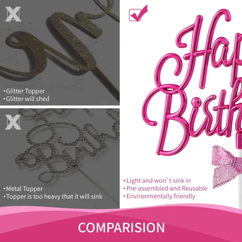 Miniatura 4 de Decoración de pastel de feliz cumpleaños rosa intenso – Cartel de feliz cumpleaños 3D de doble cara para pastel con lazo, idea para decoración