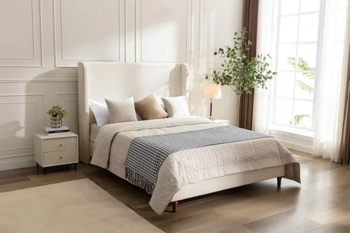 Miniatura 6 de Base de cama tapizada tamaño Queen, cabecera acolchada de 54" con respaldo geométrico, plataforma tapizada para dormitorio de niños, adolescentes