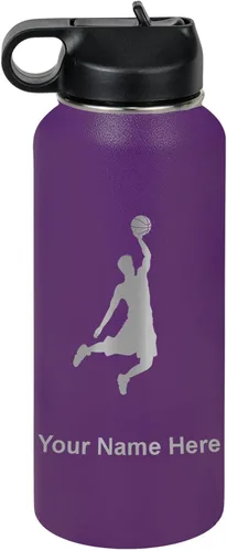 Miniatura 49 de LaserGram Botella de agua personalizada, hombre haciendo slam dunk de baloncesto, de acero inoxidable, de doble pared con aislamiento al vacío