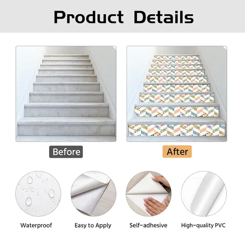Miniatura 5 de PLIGREAT 15 tiras de calcomanías de espiga para escaleras, calcomanías de 7.1 x 39 pulgadas, calcomanías autoadhesivas de vinilo colorido a cuadros