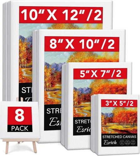 Lienzos estirados para pintura, paquete múltiple de 8 lienzos de 3 x 5 pulgadas, 5 x 7 pulgadas, 8 x 10 pulgadas, 10 x 12 pulgadas (2 de cada uno),