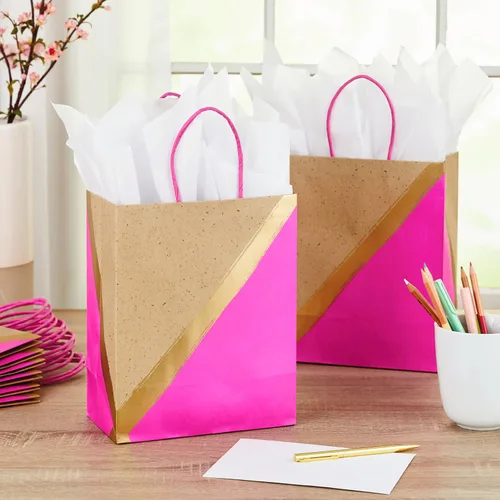 Miniatura 2 de Hallmark Bolsas de regalo de papel medianas de 9 pulgadas, paquete de 8 (rosa y kraft) para el día de San Valentín, Pascua, cumpleaños, día