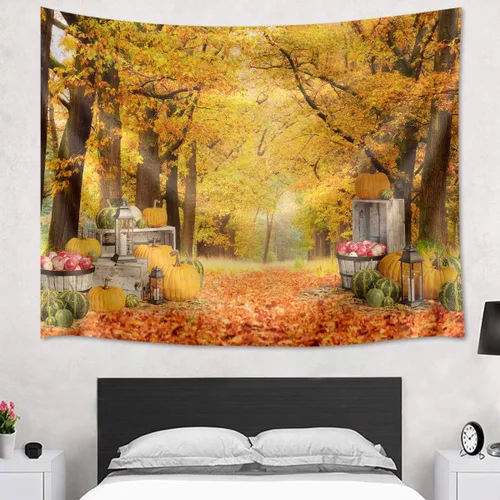 Miniatura 2 de HVEST Tapiz de hojas de arce otoñales para colgar en la pared, hojas de arce caídas, bosque y calabaza, tapiz para colgar en la pared, tapiz