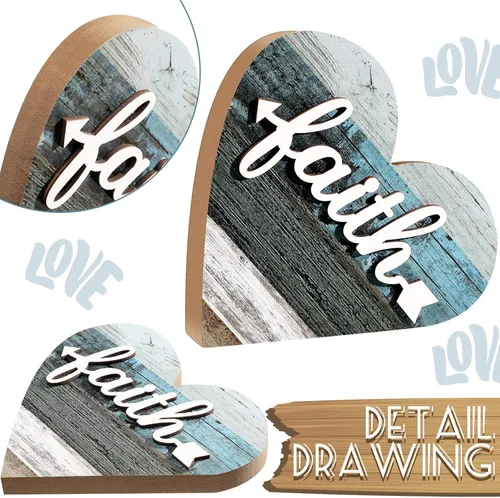 Miniatura 6 de Jetec 2 piezas de decoraciones rústicas de mesa para sala de estar, hogar, granja, centros de mesa, pequeños adornos de corazón de madera con amor