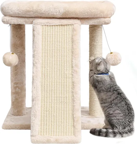 SYANDLVY Árbol pequeño para gatos con poste rascador, tabla rascador para gatos con perca, rascador de poste para gatos de interior, 2 bolas Beige