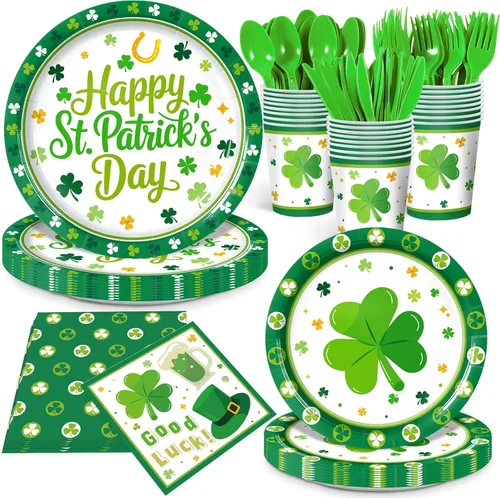 168 piezas de suministros para fiesta del día de San Patricio, platos y servilletas de papel del día de San Patricio, tazas, cuchillo, tenedor y St.