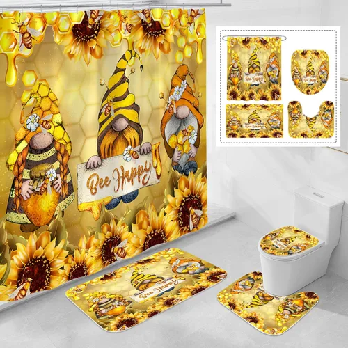 Litabel Juego de 4 piezas de cortinas de ducha con enanos de otoño, alfombrillas antideslizantes, cubierta de la tapa del inodoro y tapete de baño,