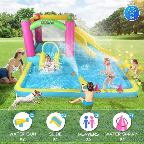 Miniatura 3 de JOYMOR Casa inflable de rebote con tobogán acuático doble para niños de 3 a 10 años, cañones de agua para piscina con salpicaduras