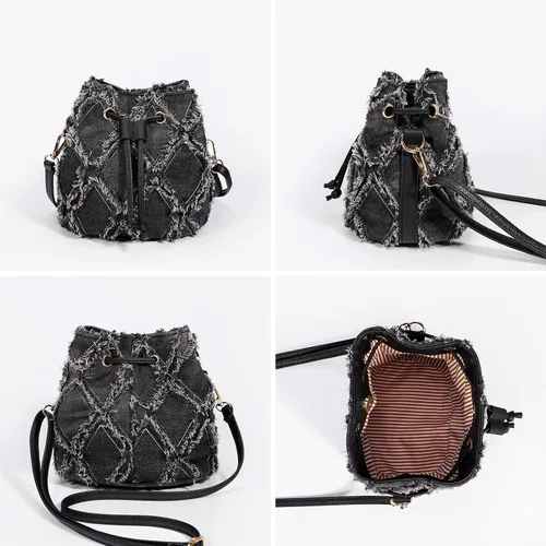 Miniatura 4 de Bolsas de cubo para mujer, mini bolso cruzado de mezclilla, con flecos, bolso de hombro con cordón