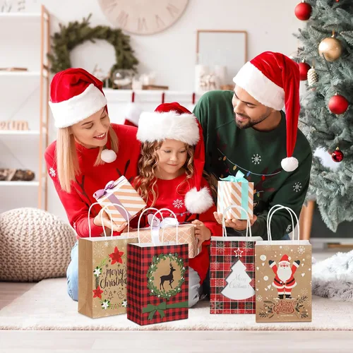 Miniatura 4 de Resholder 48 Piezas Bolsas de Papel Kraft de Regalo de Navidad a Granel con Asas Bolsas de Dulces Navideñas Reutilizables para Regalos Suministros
