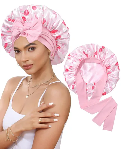 Miniatura 31 de Gorro de satén de seda para dormir, gorro de seda de doble capa con banda elástica para cabello rizado Negro+marrón