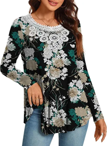 CATHY Women Tunic Tops Long Sleeve Fall Casual Fashion Crochet Lace T-shirt Pleated Fit Blouses