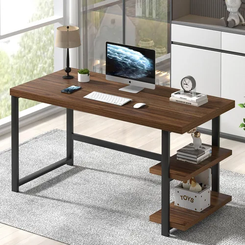 FOLUBAN Escritorio para computadora de 47 pulgadas, escritorio pequeño para el hogar y oficina con estantes de almacenamiento, mesa de estudio, Nogal