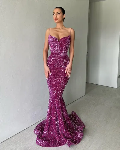 Miniatura 4 de Vestidos de fiesta de lentejuelas brillantes, vestidos largos de fiesta con tirantes delgados, vestidos formales de sirena para mujer 2024
