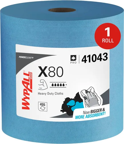 WypAll PowerClean X80 Paños de Limpieza de Uso Pesado (41043), Jumbo, Toallas de Uso Extendido, Azul (1 Rollo de 455 Hojas, Total de 455 Hojas)