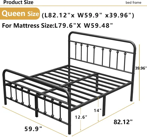 Miniatura 2 de Vengarus Base de cama de metal, marco de cama tamaño Queen con cabecero, estructuralmente estable, listones de acero resistente, almacenamiento