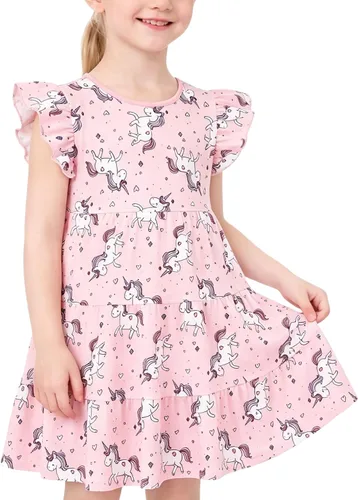 Miniatura 28 de Vestido casual para niñas, de algodón suave, manga corta, transpirable, acampanado, para adolescentes, talla 2T, 3T, 4T, 5, 6, 7, 8, 9, 10, 12, 13