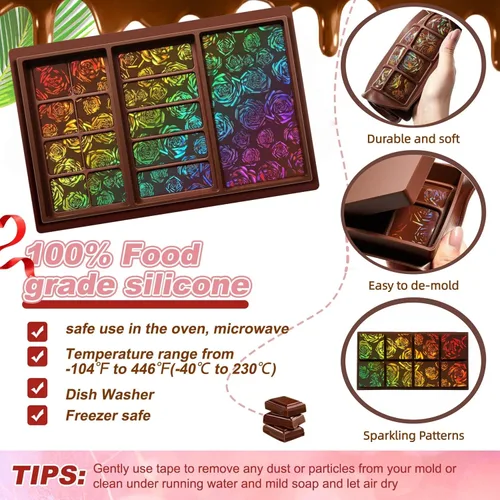 Miniatura 3 de Ziliny Molde holográfico de barra de chocolate rosa de silicona, barra de chocolate con efecto de luz arco iris, moldes profundos y gruesos