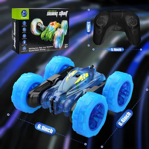 Miniatura 6 de Coche de Control Remoto, Autos RC de Acrobacias Para Niños con Luz Colorida, Carga Rápida USB-C, Juguetes de Coche Camión RC 4WD Recargable con Azul