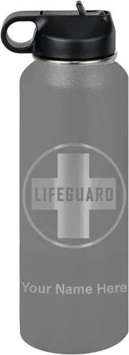 Miniatura 32 de LaserGram Botella de agua personalizada, salvavidas, acero inoxidable de doble pared aislada al vacío con popote superior, regalo grabado Negro