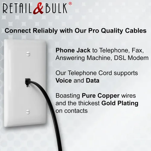 Miniatura 4 de Paquete de 2 cables telefónicos de 3 pulgadas, grado profesional, fabricado en Estados Unidos, enchufes RJ11 macho 6P4C con contactos dorados de 50