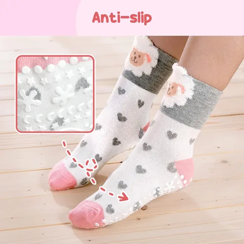 Miniatura 3 de Hellomamma Calcetines de algodón antideslizantes para niños pequeños, calcetines de tripulación de animales lindos con agarres, calcetines
