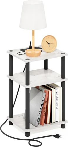 Miniatura 20 de Furinno JUST - Mesa auxiliar moderna de 3 niveles con estación de carga, mesita de noche de fácil montaje, mesita de noche con puerto USB y tipo C