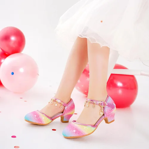 Miniatura 2 de Furdeour Sandalias para niñas con lazo brillante, zapatos de vestir de princesa con tacones altos de cristal, para fiestas, bodas, flores, zapatos
