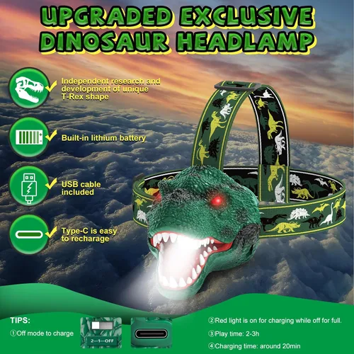 Miniatura 7 de Nitigo Linterna Frontal de Dinosaurio para Niños Linterna Paquete de 2, Linternas Frontales LED Recargables Modo Rugido y Silencioso, Juguetes