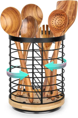 Soporte para utensilios de cocina – 7.2 pulgadas grande giratorio para utensilios de cocina, base de madera + metal, organizador de espátula para