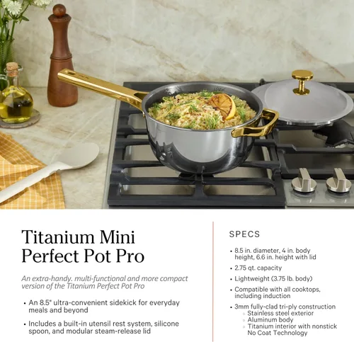 Miniatura 6 de Our Place Titanium Pro Juego de utensilios de cocina Juego de ollas y sartenes de 10 piezas con Always Pan Pro, Perfect Pot Pro y Minis Dorado