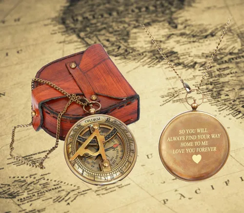 Miniatura 4 de Brújula de reloj de sol grabado Love You Forever con funda de cuero, regalo inspirador para viajeros, aventureros, novios, bautizos, bodas o él