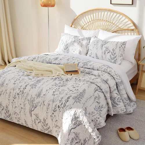 Miniatura 22 de JANZAA Juego de colcha tamaño Queen de 3 piezas con patrón floral, de microfibra ligera, ropa de cama reversible, 1 colcha y 2 fundas de almohada