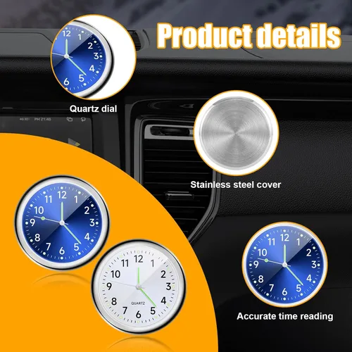 Miniatura 4 de Dickno 2 relojes de automóvil para pegar en el salpicadero, mini relojes analógicos de cuarzo luminoso para ventilación de aire, reloj de Azul+blanco