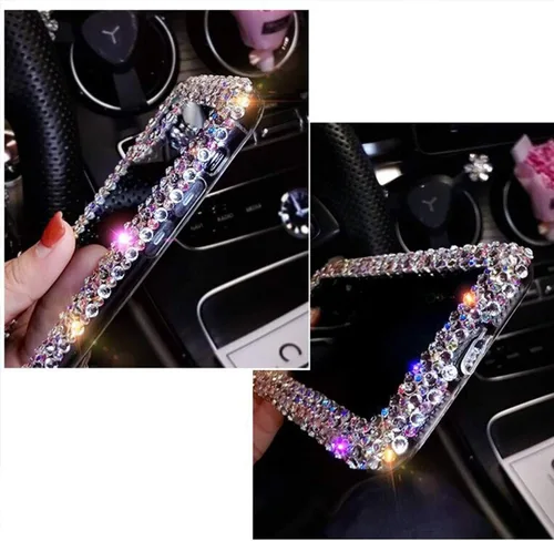 Miniatura 6 de Funda compatible con iPhone 15 para mujeres y niñas, funda 3D con purpurina brillante y destellos, funda de lujo con encantos de cristal